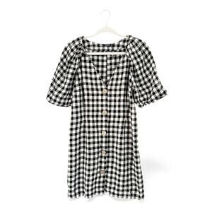 Zara Linen Gingham Plaid Mini Shirt Dress with Balloons Sleeves Size Small EUC